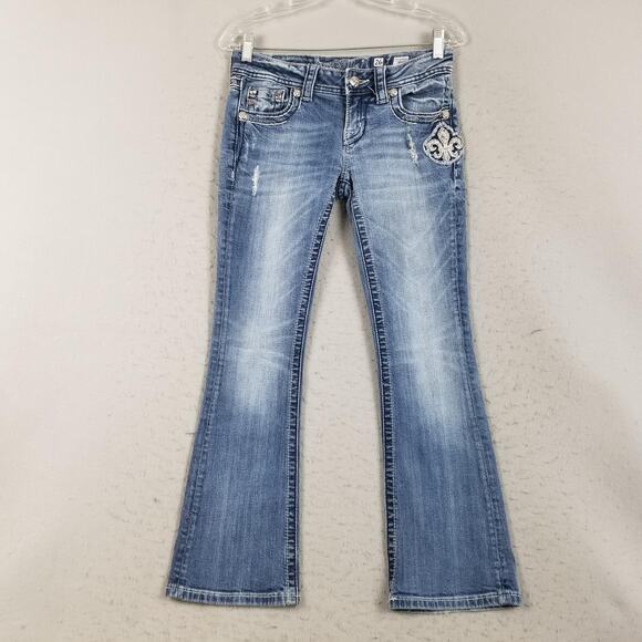 Miss Me Jeans Womens 26 Blue Boot Cut Rhinestone Fleur-de-Lis Bling JE5369B6N - Picture 1 of 16